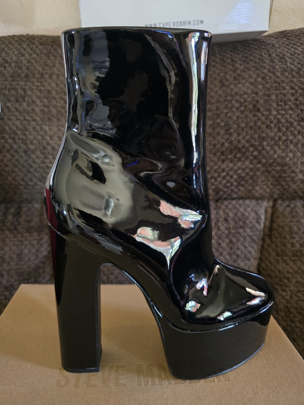 Steve Madden Black Patent Platform Ankle Boots with Chunky Heel